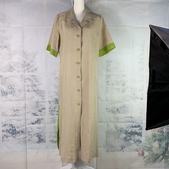 Marina Rinaldi Puro Lino Linen Green Contrast Trim Side Slit Button Midi Dress - Picture 13 of 15